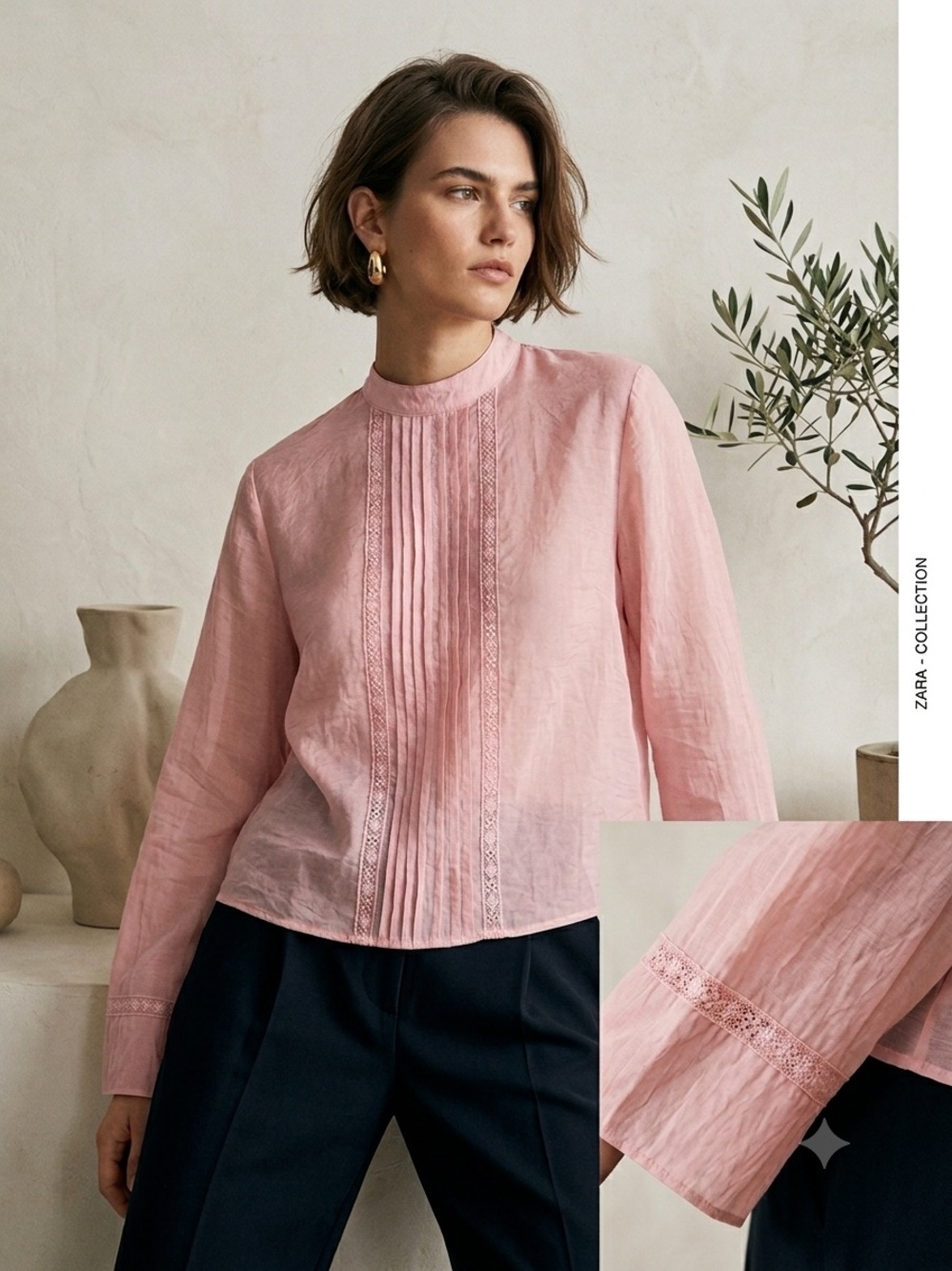 Zara Pintuck Lace Trim Blouse.